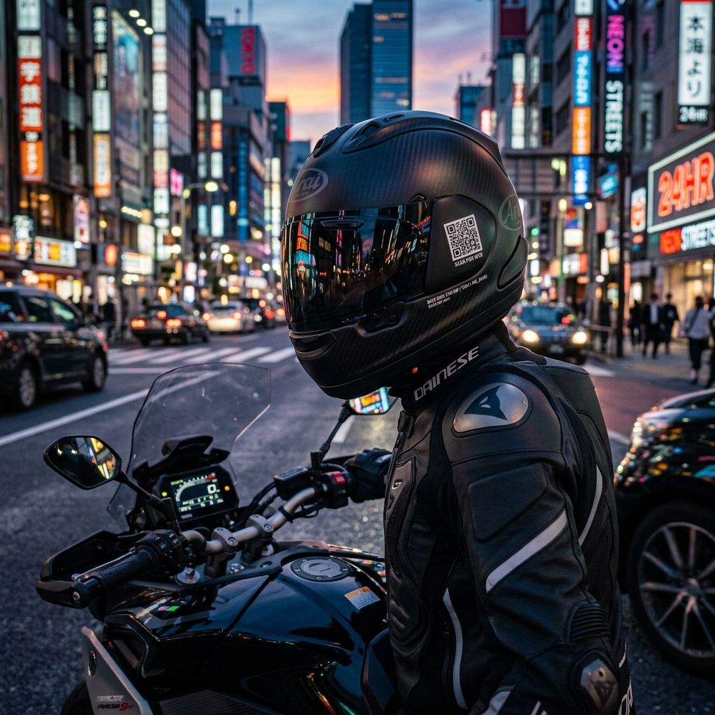 Motociclista usando casco con QR Linky